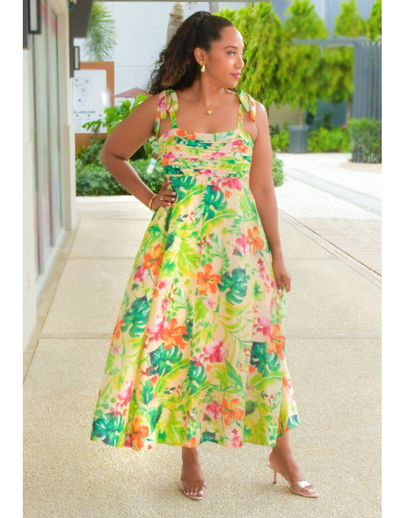 KAJAHO- Long Floral Pleated Top Dress with Tie Strap