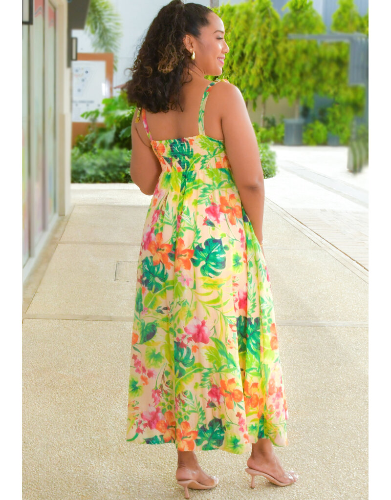 KAJAHO- Long Floral Pleated Top Dress with Tie Strap