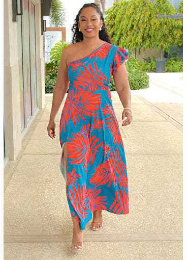 ADORE KEIKO- One Shoulder Palm Print Dress