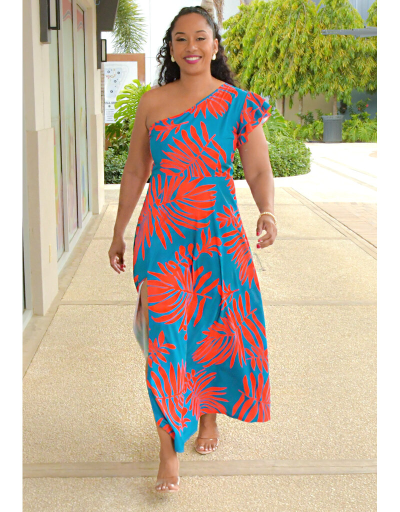 ADORE KEIKO- One Shoulder Palm Print Dress