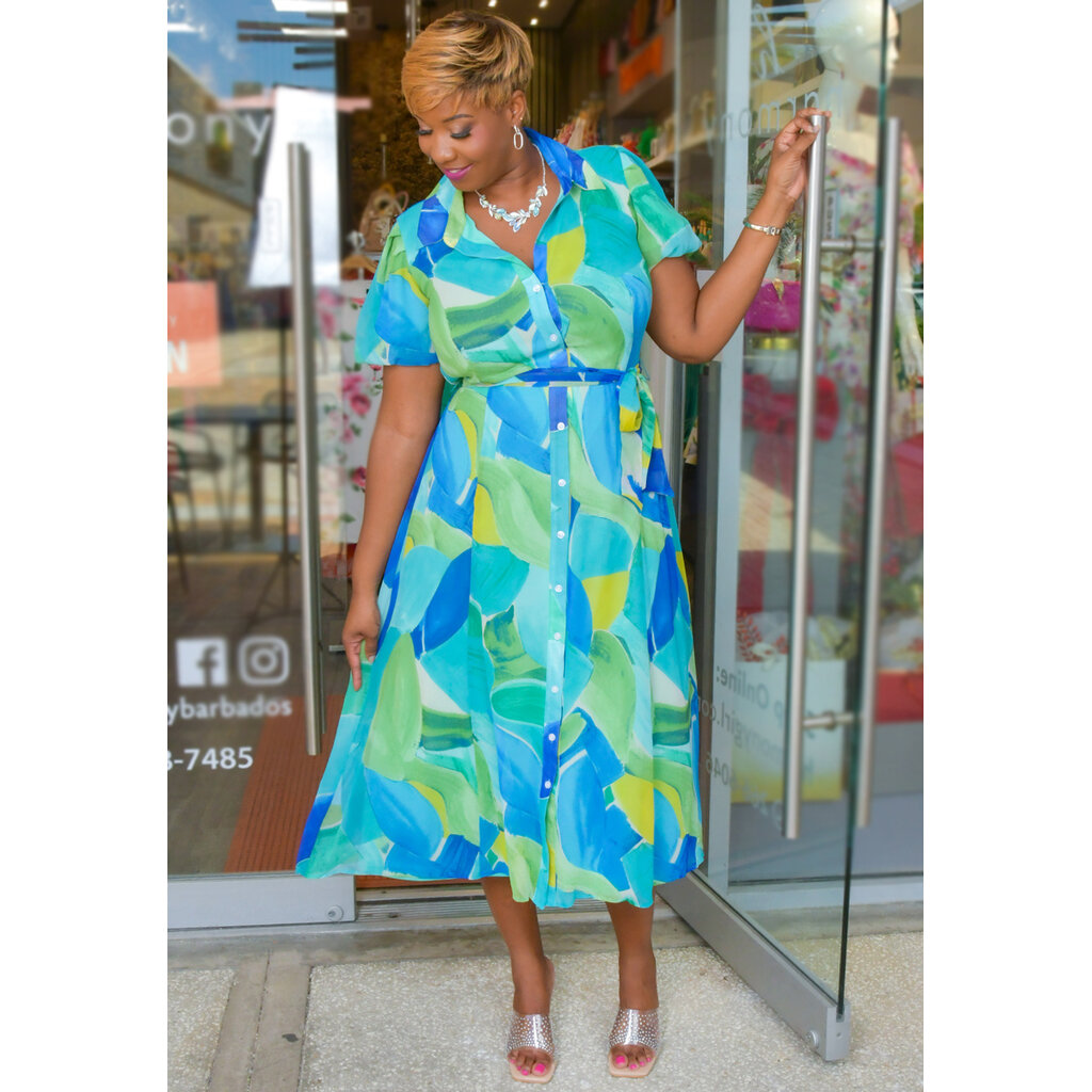 FIVEN- Printed Button Down Dress with Puff Sleeves