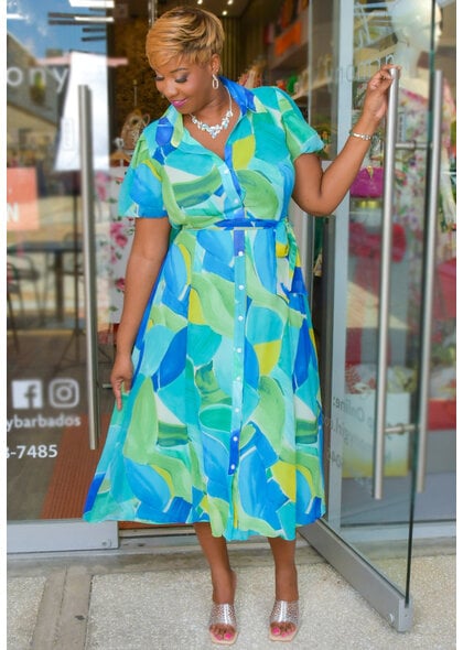 Sandra Darren FIVEN- Printed Button Down Dress with Puff Sleeves