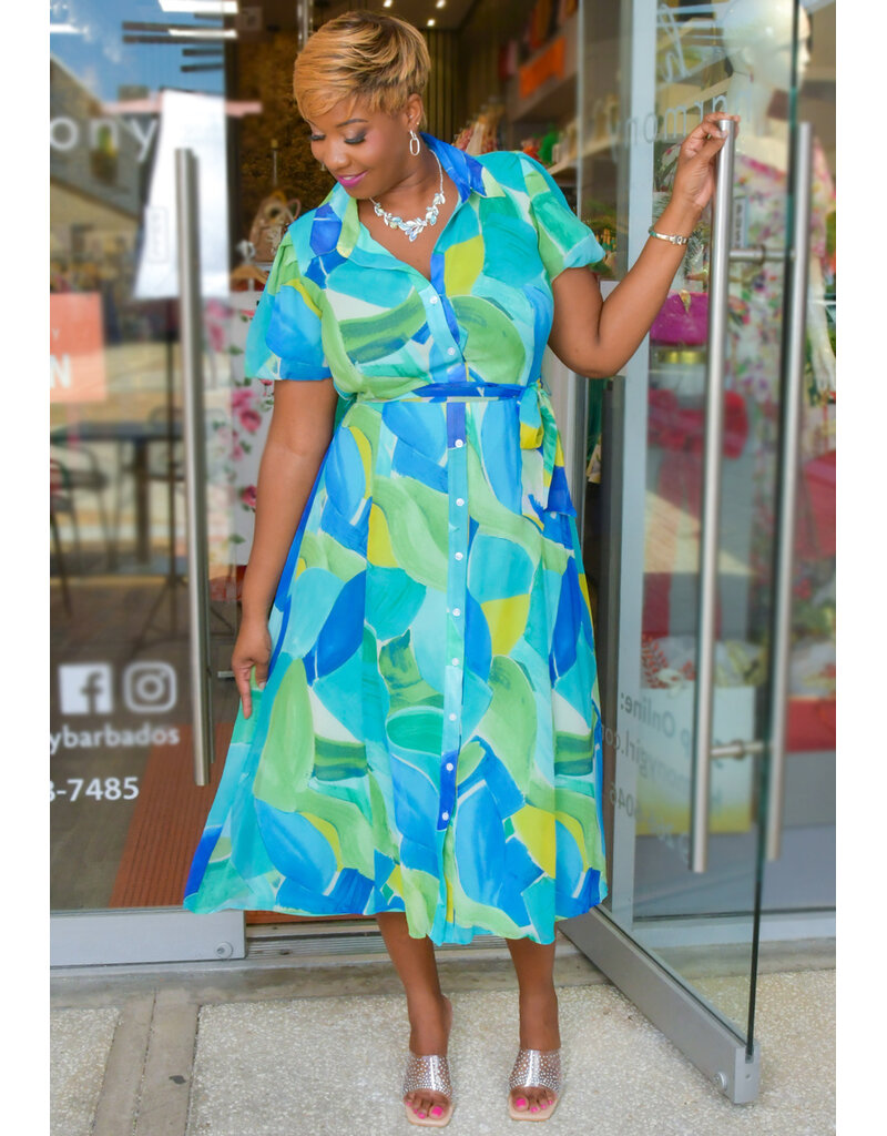Sandra Darren FIVEN- Printed Button Down Dress with Puff Sleeves
