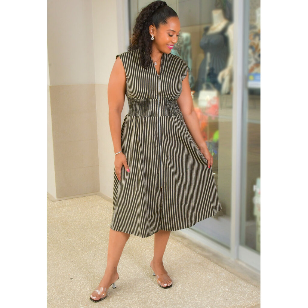 KINIE- Stripe Armhole Dress with Zip & Elastic Waist