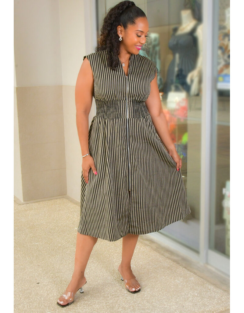 Sandra Darren KINIE- Stripe Armhole Dress with Zip & Elastic Waist