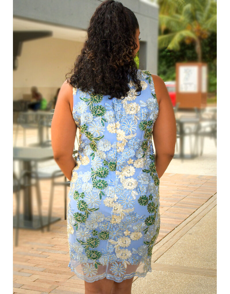 Nina Leonard MAYLA- Armhole Round Neck Dress with Embroidery