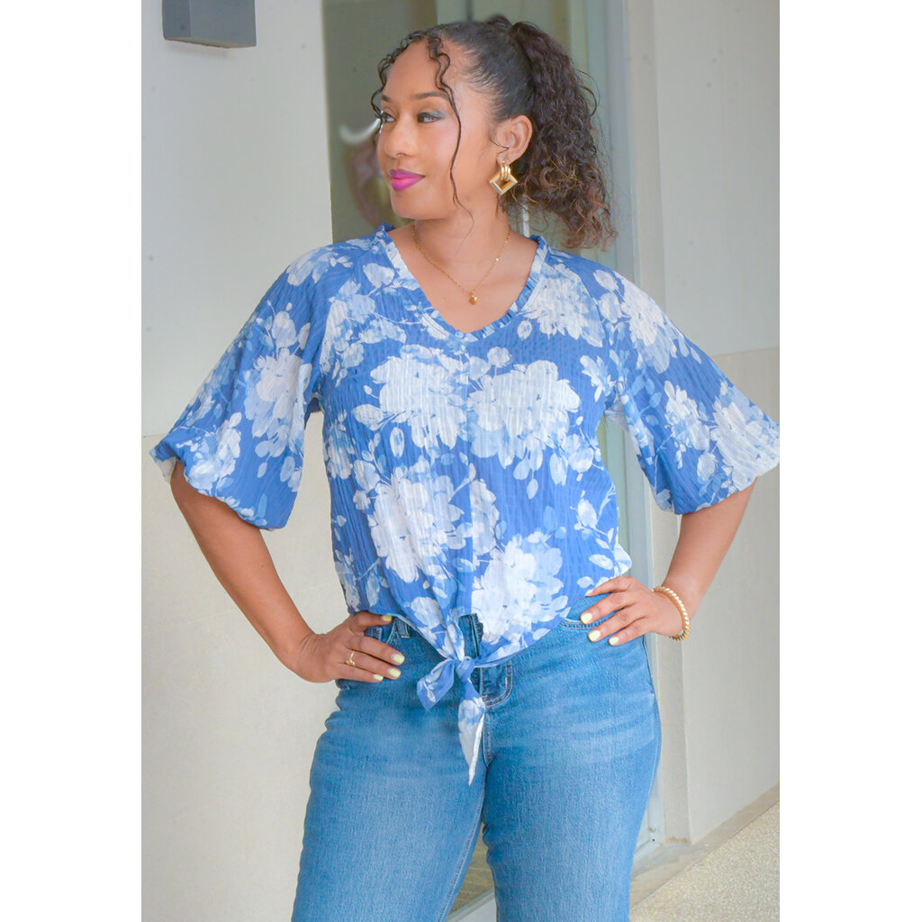 VAREKI- Floral V-Neck Top with Tie Hem
