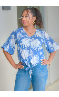 Counterparts VAREKI- Floral V-Neck Top with Tie Hem