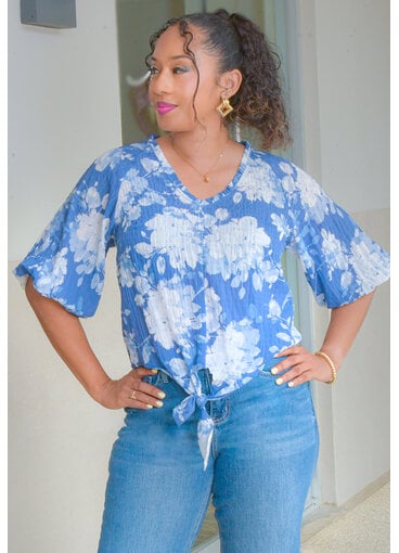 Counterparts VAREKI- Floral V-Neck Top with Tie Hem