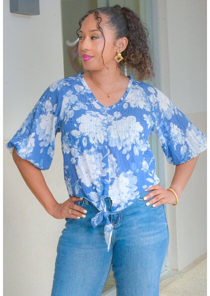 Counterparts VAREKI- Floral V-Neck Top with Tie Hem