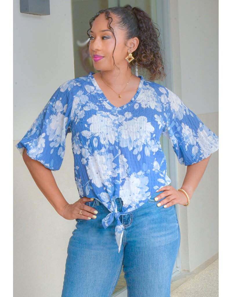 Counterparts VAREKI- Floral V-Neck Top with Tie Hem