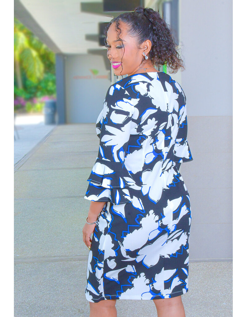 ROTTIA- Printed Bell Sleeve Dress with Wrap