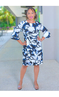 ROTTIA- Printed Bell Sleeve Dress with Wrap