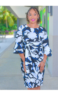 ROTTIA- Printed Bell Sleeve Dress with Wrap