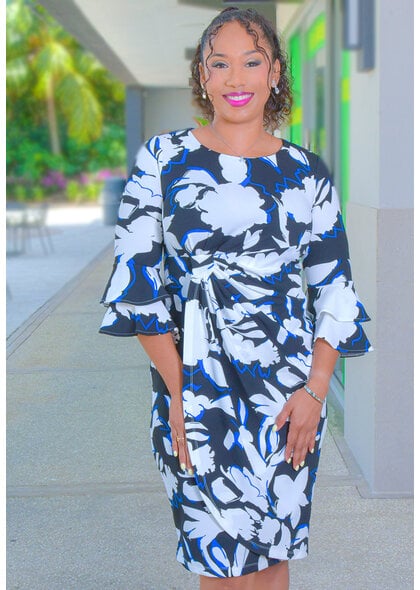 ROTTIA- Printed Bell Sleeve Dress with Wrap