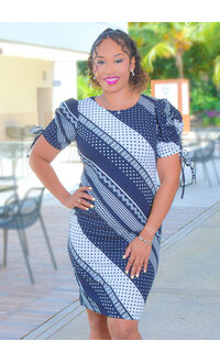 ROMILDA- Dotted & Stripe Dress with Drawstring Sleeves