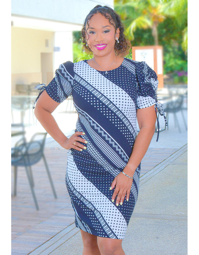 ROMILDA- Dotted & Stripe Dress with Drawstring Sleeves