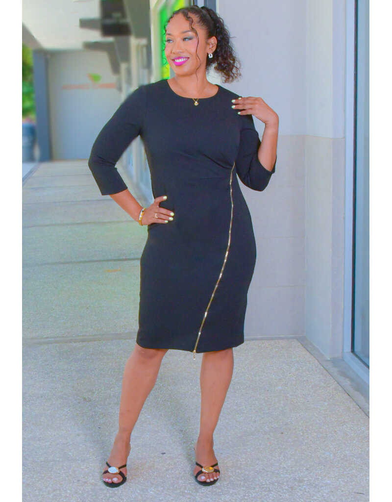 RAYIO- Solid 3/4 Sleeve Dress with Side Zip