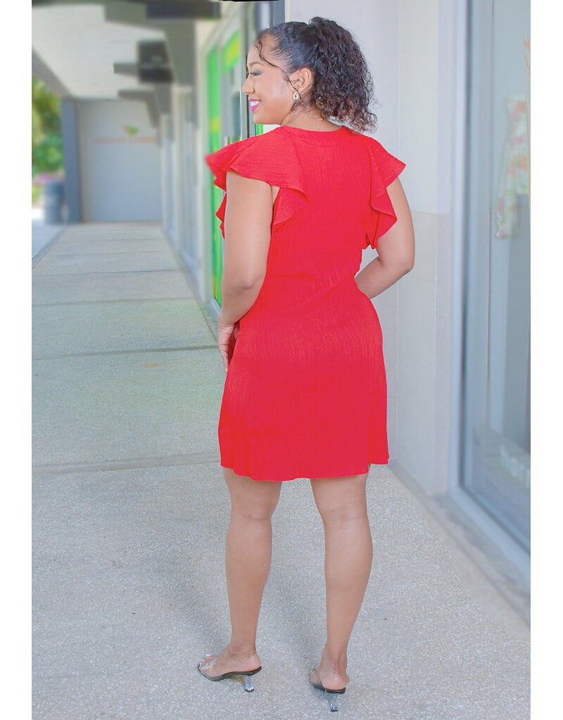 52SEVEN KEDGE- Solid V Neck Frill Sleeve Dress