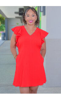 52SEVEN KEDGE- Solid V Neck Frill Sleeve Dress
