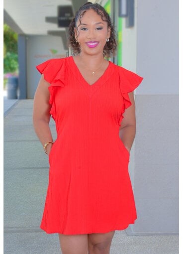 52SEVEN KEDGE- Solid V Neck Frill Sleeve Dress