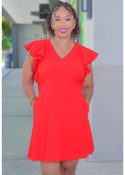 52SEVEN KEDGE- Solid V Neck Frill Sleeve Dress