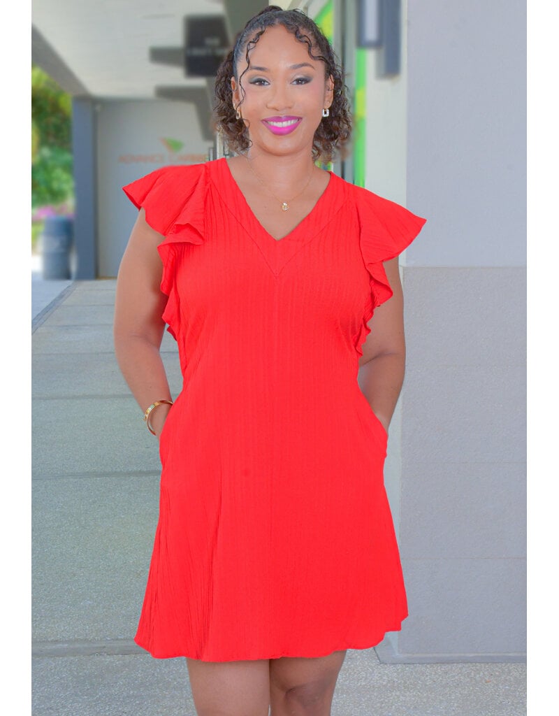 52SEVEN KEDGE- Solid V Neck Frill Sleeve Dress