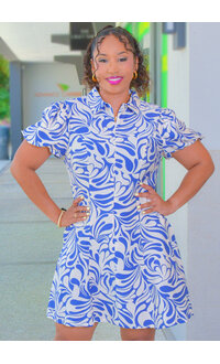 GIGIO KAITO- Printed Short Balloon Sleeve Dress with Collar