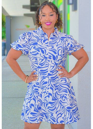 GIGIO KAITO- Printed Short Balloon Sleeve Dress with Collar