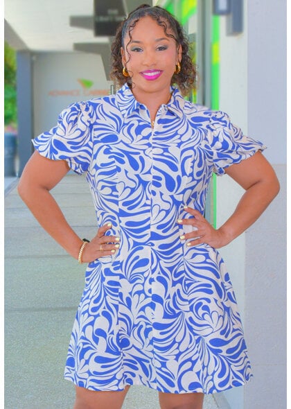 GIGIO KAITO- Printed Short Balloon Sleeve Dress with Collar
