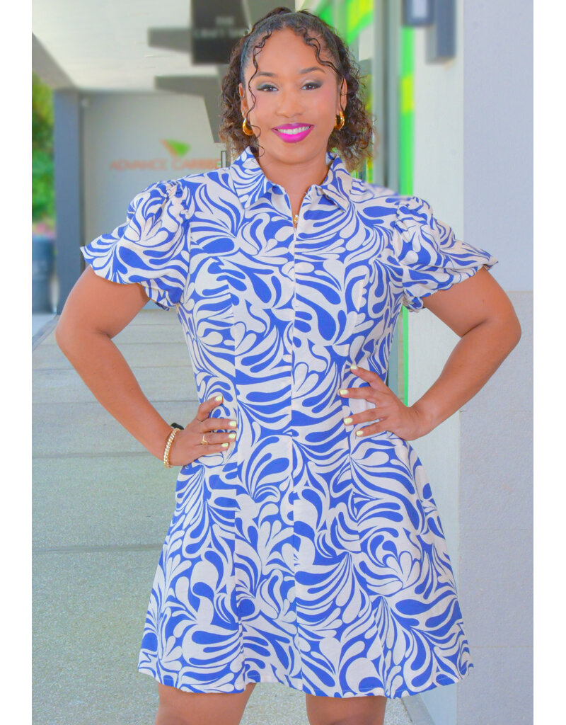 GIGIO KAITO- Printed Short Balloon Sleeve Dress with Collar