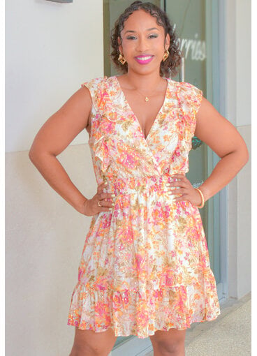 MSK FLIAH- Foil Print Frill Dress with Elastic Waist