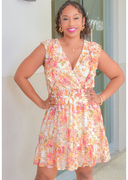MSK FLIAH- Foil Print Frill Dress with Elastic Waist