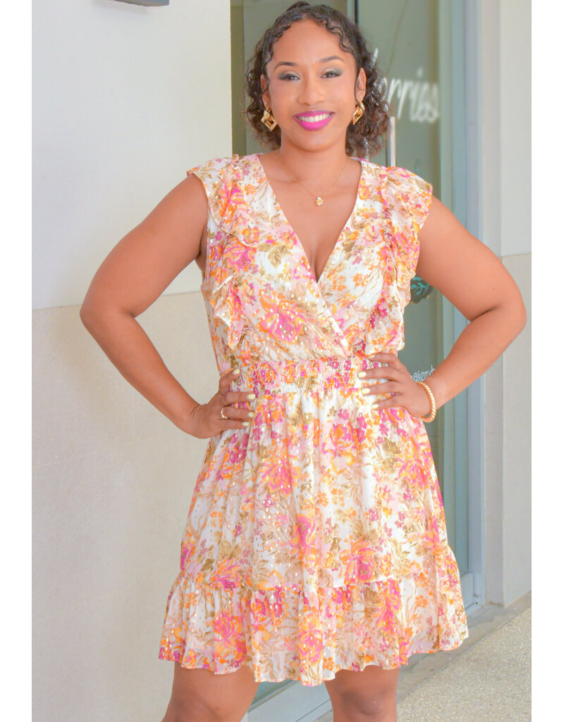 MSK FLIAH- Foil Print Frill Dress with Elastic Waist