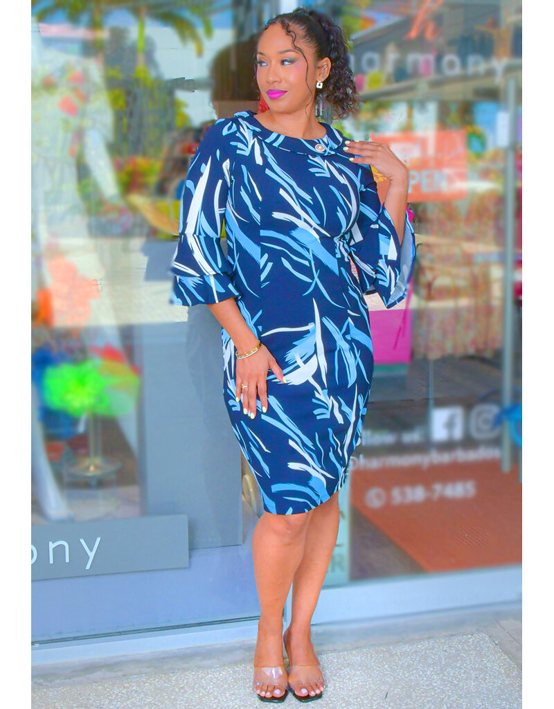 RIHID- Printed Double Bell Sleeve Dress
