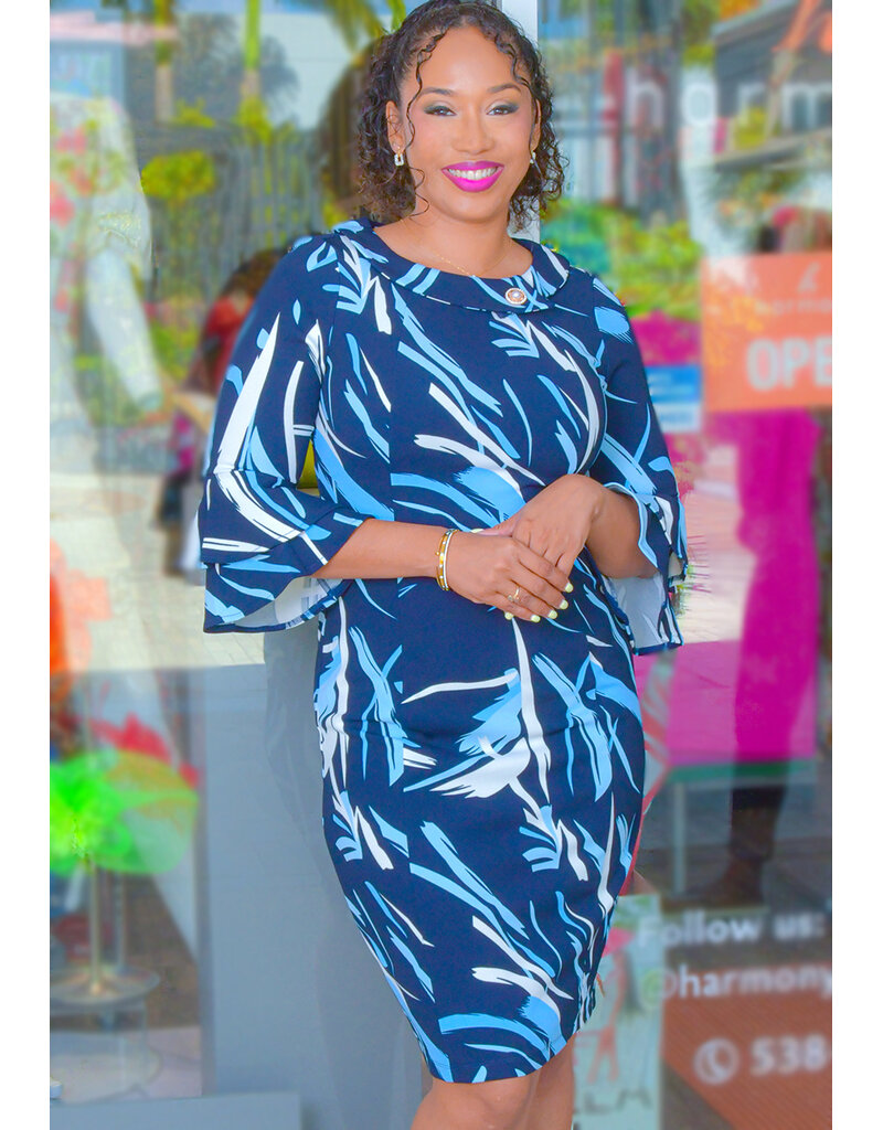 RIHID- Printed Double Bell Sleeve Dress