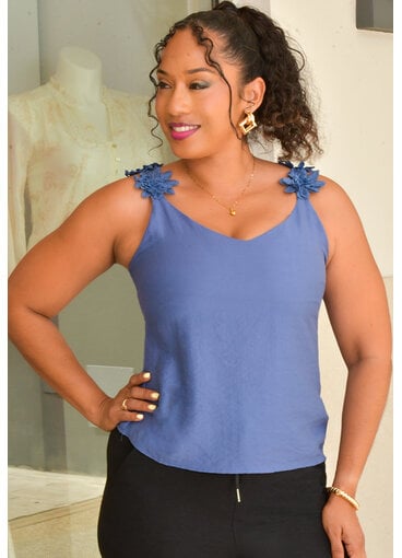 AZ VINITA- Solid V Neck Flower Strap Top