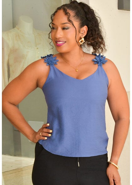 AZ VINITA- Solid V Neck Flower Strap Top