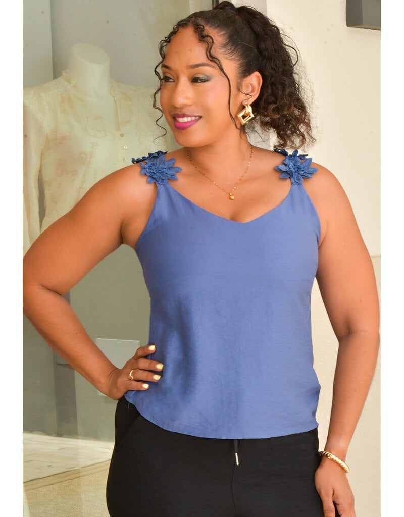 AZ VINITA- Solid V Neck Flower Strap Top