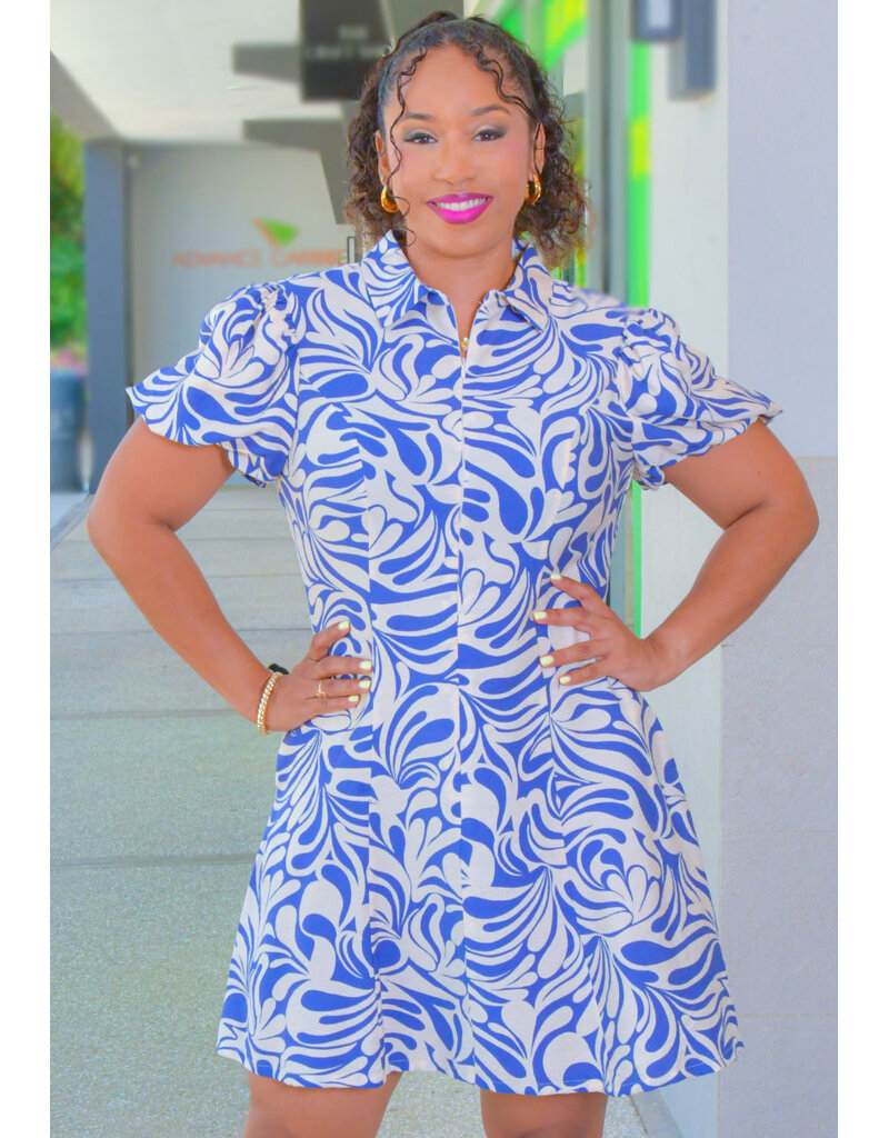 GIGIO KAITO- Printed Short Balloon Sleeve Dress with Collar