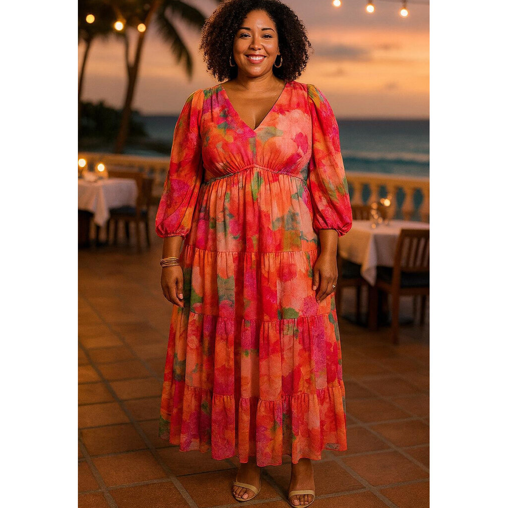FENKO-Plus Size Long Floral V-Neck & Long Ballon Sleeve Dress
