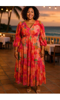 Signature FENKO-Plus Size Long Floral V-Neck & Long Ballon Sleeve Dress