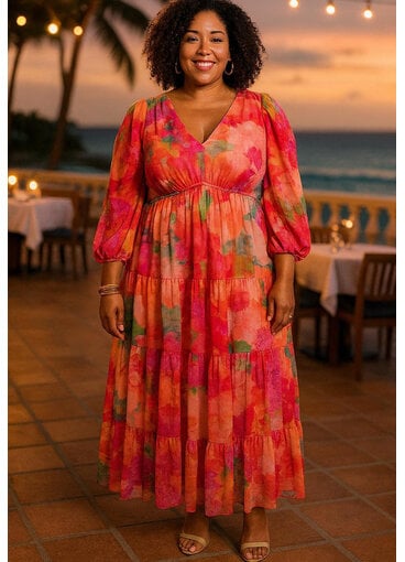 Signature FENKO-Plus Size Long Floral V-Neck & Long Ballon Sleeve Dress
