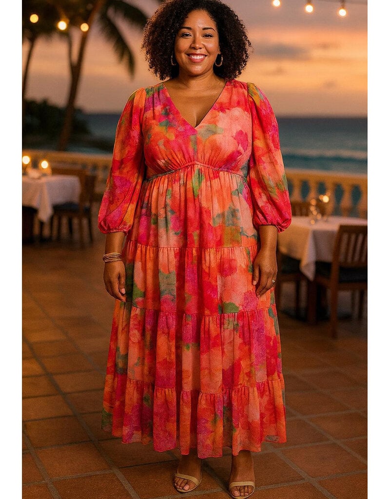 Signature FENKO-Plus Size Long Floral V-Neck & Long Ballon Sleeve Dress