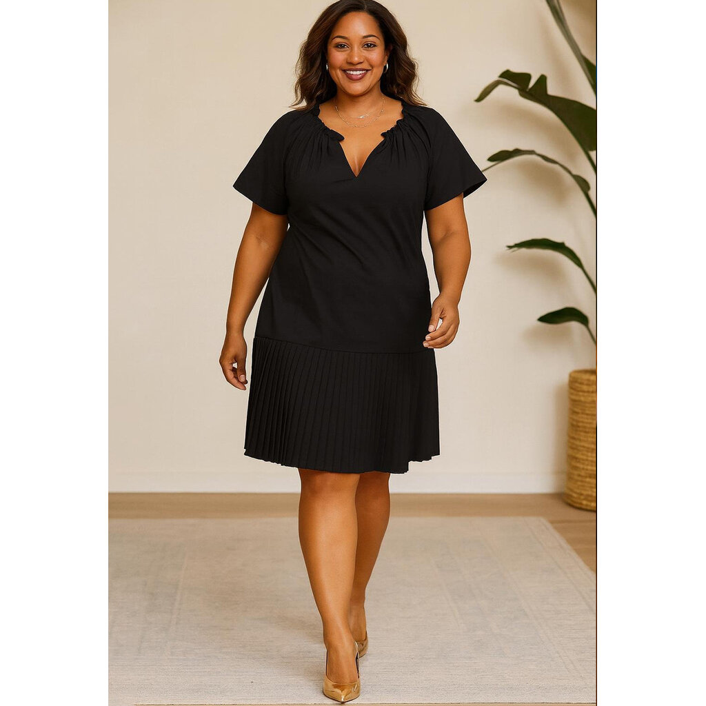 KELSIE- Plus Size Pleated Hem Ruffle Neck Dress
