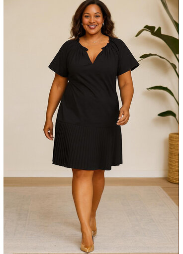 Signature KELSIE- Plus Size Pleated Hem Ruffle Neck Dress