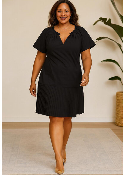Signature KELSIE- Plus Size Pleated Hem Ruffle Neck Dress