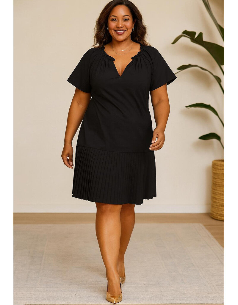Signature KELSIE- Plus Size Pleated Hem Ruffle Neck Dress