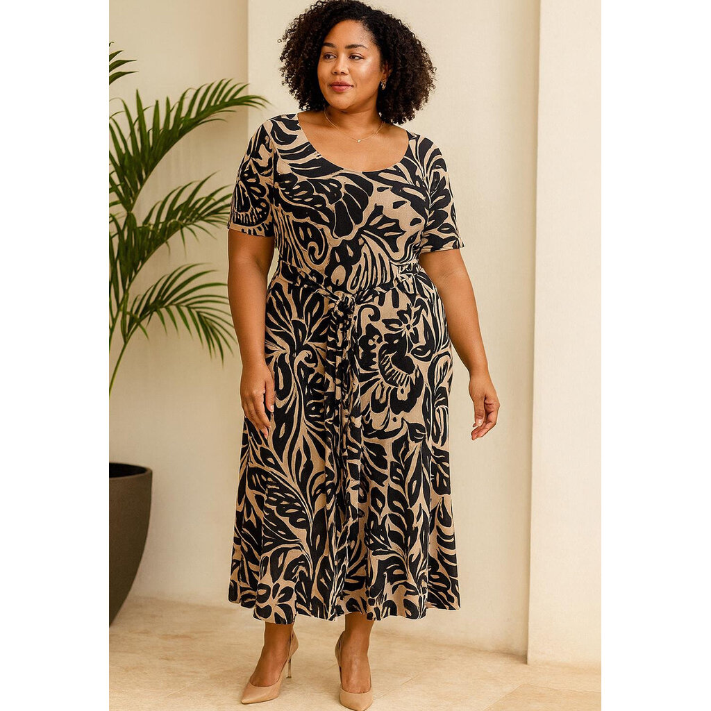 MELITA- Plus Size Printed Tie Waist Short Sleeve Dress