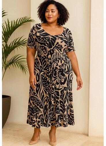Signature MELITA- Plus Size Printed Tie Waist Short Sleeve Dress